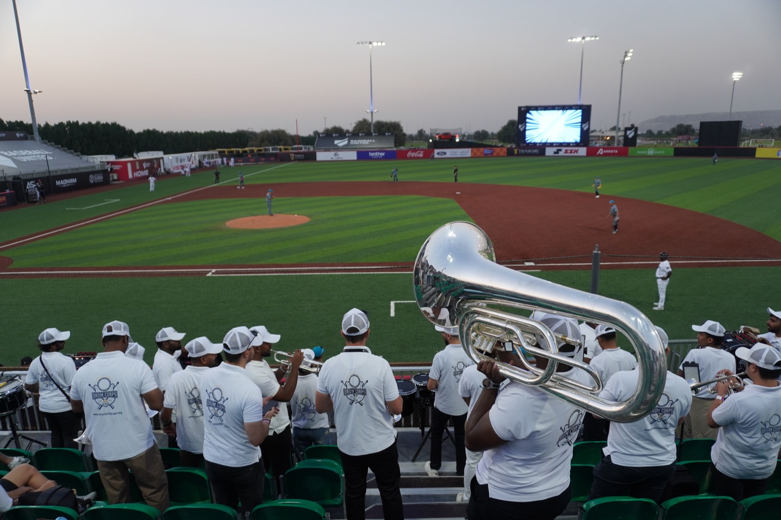Live drum corps performance at a stadium event